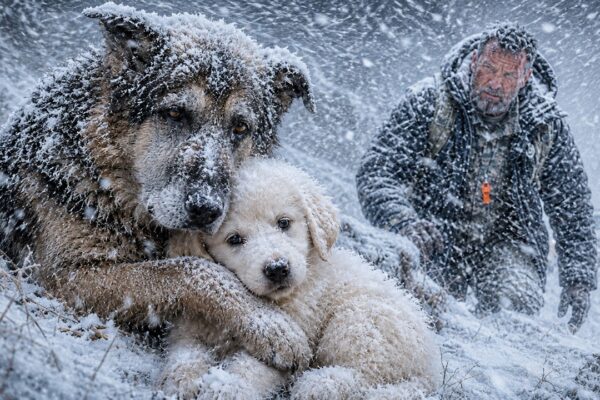 The Retired Army Medic Found an Old German Shepherd Shielding a White Puppy in a Blizzard