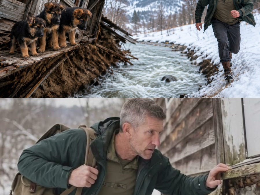 Three German Shepherd Puppies Were Trapped in a Leaning House—Navy SEAL Heard Someone Below