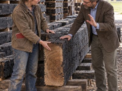 Two Nights After Our Family Mill Burned, Everyone Told Me to Dump the 2,040 Blackened Oak Beams. I Scraped One With My Pocketknife and Found Dark-Honey Wood Beneath Barely a Quarter Inch of Char. For Months, People Called It Garbage. Then a Restoration Architect From Des Moines Put His Hand on That Same Black Surface—and Stopped Me From Removing Another Inch.