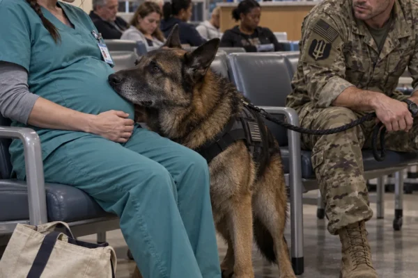After a thirteen-hour emergency room shift, I sank into an empty chair with my eight-month pregnant belly aching and my late husband on my mind. But when a uniformed Navy SEAL asked to sit beside me, his retired combat K9 broke heel, marched across the floor, and PRESSED HIS CHIN TO MY STOMACH.