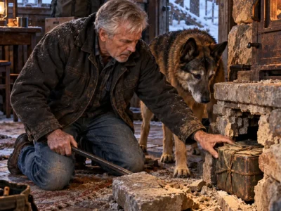 After 40 Years of Marriage, I Was Given 30 Days to Leave Our Ranch and Sent to a Broken Cabin in the Montana Mountains. I Thought Three Acres Were All My Wife Had Left Me—Until My Old War Dog Wouldn’t Stop Clawing at One Stone Beneath the Fireplace. When I Finally Pried It Loose, My Hand Touched Cold Metal in the Dark.